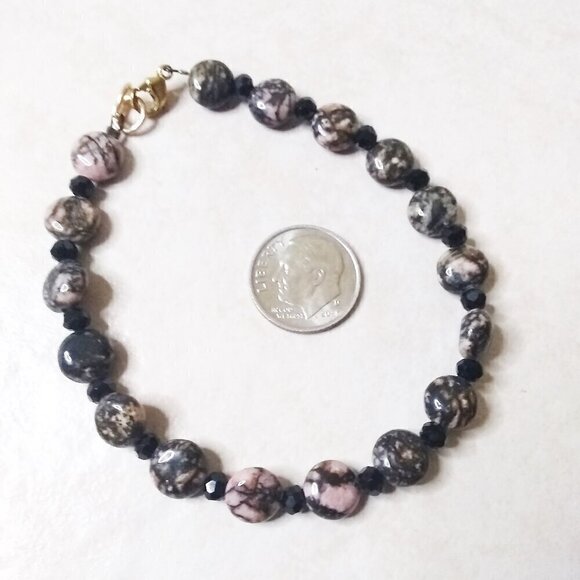 2x Rhodonite Stack Bracelet Set! Statement Bracelet Set 7.5" ~ Pink & Black! - Picture 4 of 9